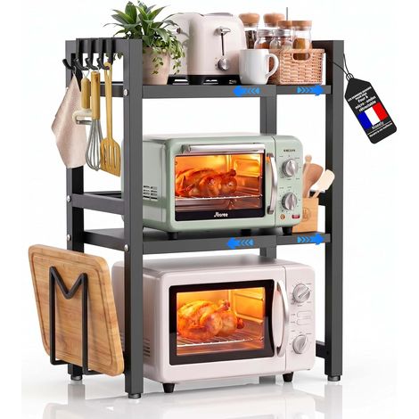 Étagère Extensible à 3 Niveaux pour Micro-Ondes,Métal Four à Micro-Étagère pour Micro,support pour four,Salle à Manger avec Crochets,pour Micro Ondes pour comptoir de Cuisine (Noir TL3, 3 Niveaux) (1/5)