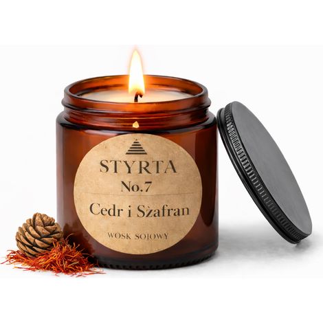 Vela de soja con aroma a cedro y azafrán, 150 ml. Frasco de vidrio marrón Styrta No. 7 (1/5)