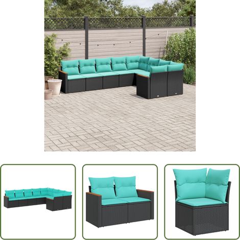 vidaXL Gartenmöbel - 9-teiliges Gartensofa-Set mit Kissen, schwarzes Polyrattan (1/5)