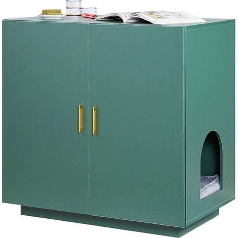Pour garder la litière discrète, meuble cache-litière chat avec double porte et aération, coloris vert foncé