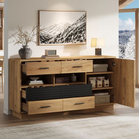 Aufbewahrungs-Sideboard 140x35x70 cm aus MDF Eiche/Schwarz, 6 Schubladen – MEUBLIV (1/5)