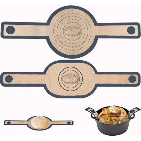 Plateaux à pain en silicone pour cocotte en fonte, lot de 2, antiadhésifs, faciles à nettoyer, tapis de cuisson réutilisables en silicone avec de longues poignées pour un transfert facile du pain au l