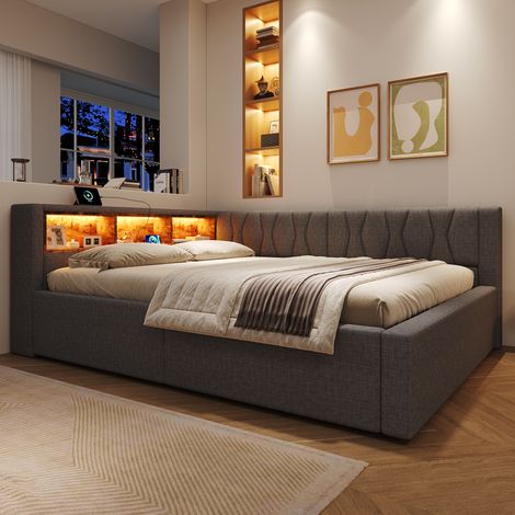 Lit banquette coffre rembourré 140x200 cm, lit de jour avec rangement hydraulique, étagère, LED réglable et port USB, Gris (1/5)