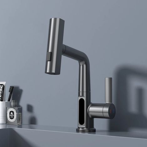 (Gris anthracite) Robinet de lavabo 2026 avec affichage numérique de la température, mitigeur eau chaude/froide extractible, douchette aval, nettoyeur de salle de bain (1/5)