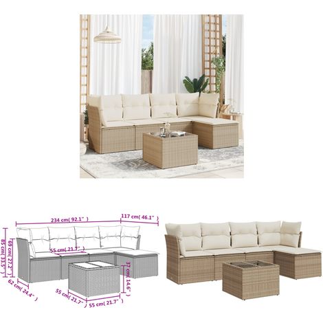 6-tlg. Garten-Sofagarnitur mit Kissen Beige Poly Rattan - Gartenmöbel Set - PE-Rattan Möbel - Outdoor Sofa - Esstisch - Lounge Garnitur - Home & Living