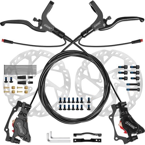 Kit de Freins à disques hydrauliques pour E-Bike 4 Pistons/2 Pistons, 2 Broches/3 Broches Pré-rempli d'huile minérale, Avant et arrière, 180mm 2.3mm Rotors épais (1/5)