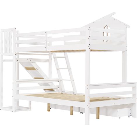 Cama litera blanca con ventana, tobogán, escalera de 4 peldaños y 2 cajones 90x200/120x200 (1/5)