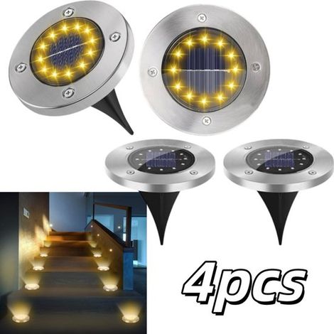 Paquete de 4 luces solares para suelo, 12 chips LED de alto brillo, disco fotosensible impermeable, 12 x 12 x 14 cm, para patio, jardín, césped, entrada de vehículos, color plata. (1/5)
