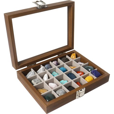 Boîte d'affichage pour 24 grilles de roches, boîte de collection en bois avec couvercle en verre transparent, boîtes de rangement pour pièces de collection, gemmes, fossiles, cristaux, pierres (1/5)