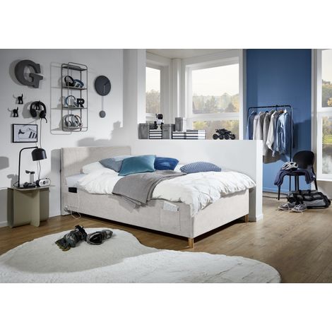Meise Möbel Kinderbett Cool 140x200 cm Bettkasten & Lattenrost Cordstoff Nata Holzfuß eichefarbig (1/4)