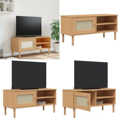 TV-Schrank SENJA Rattan-Optik Braun 106x40x49 cm Kiefernholz - TV Schrank - Holzmöbel - Kiefernholz - Rattan Möbel - Wohnzimmerschrank - Home & Living
