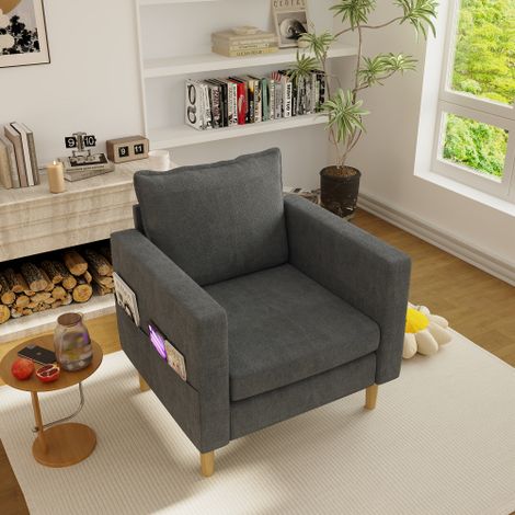 Fauteuil d'appoint individuel — Poches de rangement et rembourrage confortable — Parfait pour les intérieurs de style nordique et les coins lecture (chenille grise) (1/4)