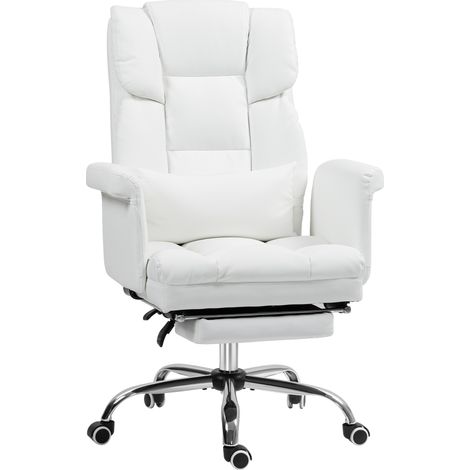 Silla de oficina ergonómica reclinable con reposapiés y cojín lumbar en polipiel blanca (1/5)