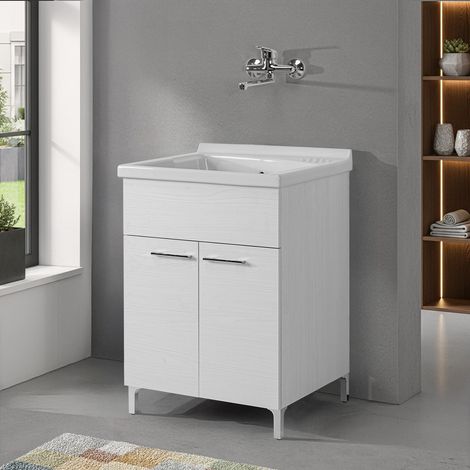 Mobile lavatoio 60x60cm bianco frassino con due ante e vasca in ceramica Revine