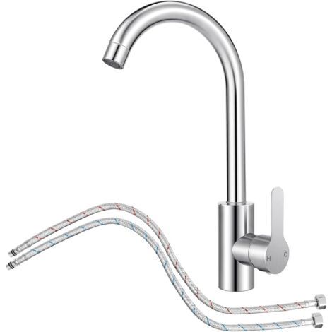 Kitchen Mixer Tap with Flexible Hose G3/8 x M10, Stainless Steel Kitchen Tap with 360° Swivel Spout, Single Lever, High Water Outlet Arc Kitchen Sink Tap (1/5)