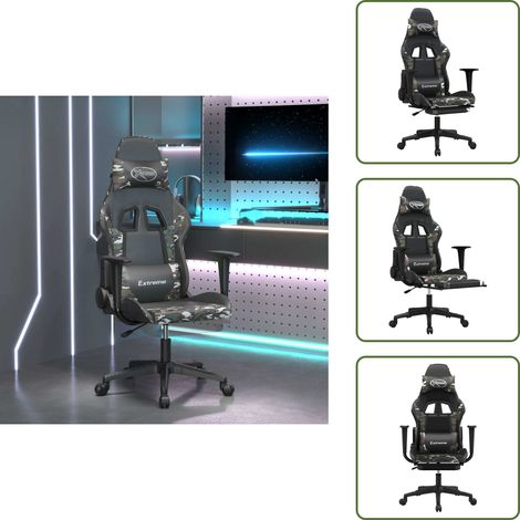 Cuero sintético - vidaXL Silla gaming masaje reposapiés cuero sintético negro camuflaje - Asiento ajustable