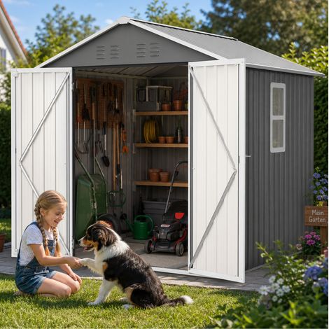 Abri jardin 185x182x191 cm métal gris avec fenêtre et aérations, pour rangement extérieur – MEUBLIV (1/5)