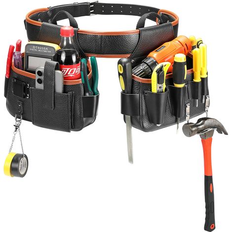 Ceinture à outils en cuir véritable avec porte-marteau pour charpentiers, jardiniers, constructeurs de cadres, couvreurs, artisans (1/5)