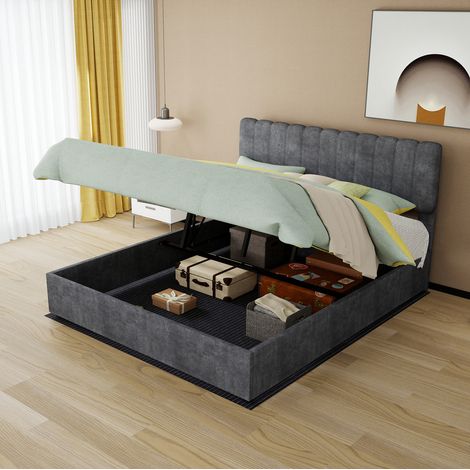 Letto imbottito moderno 160 x 200 cm grigio con testiera alta e materasso incluso (1/5)