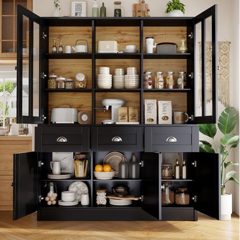 Credenza alta 140x38.5x175 cm nera in MDF e acrilico con ante scorrevoli, cassetti e ripiani regolabili (1/5)