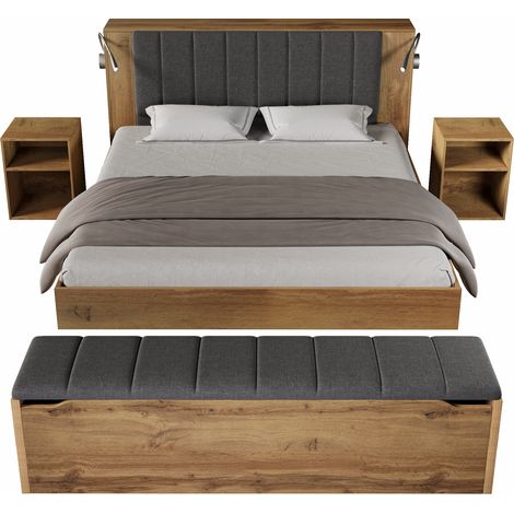Lit double 160 x 200 cm en bois avec tête de lit rabattable en tissu de lin, rangement, deux tables de chevet, banc de lit avec rangement, lampes de lecture avec USB, sommier à lattes, couleur chêne, (1/5)
