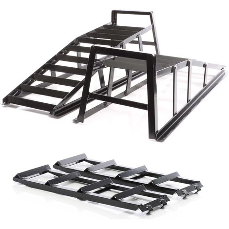 Wiltec Set de 2 rampas de acceso para vehículos hasta 2 t por par, 915 x 350 x 275 mm, con 2 extensiones, plataforma de mantenimiento de acero para vehículos (1/5)
