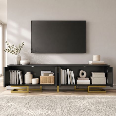 Meuble TV 160x38x44,5 cm en panneaux de bois noir, avec rangement pour salon FloraGrace (1/5)