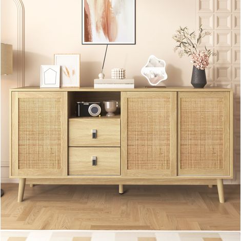Credenza 155x38x80 cm in MDF e rattan naturale, con contenitore per sala da pranzo FloraGrace (1/5)