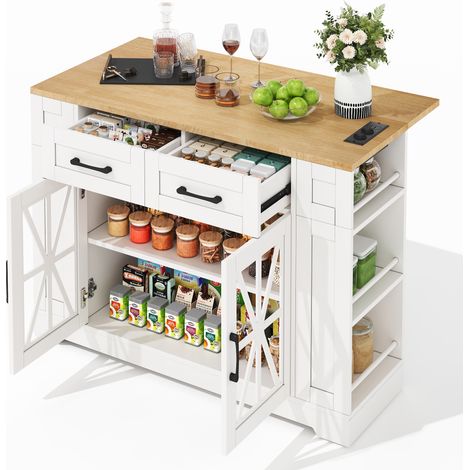 Küchenwagen mit 2 Glastüren, 1 Schublade, 6 Offenen Fächern, Steckdosen und USB, Klapptisch, MDF, 120 x 40 x 92 cm (1/5)