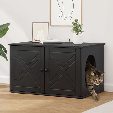 Maison pour chat noir, dimensions : 85 x 55 x 50,5 cm, en bois composite. (1/4)