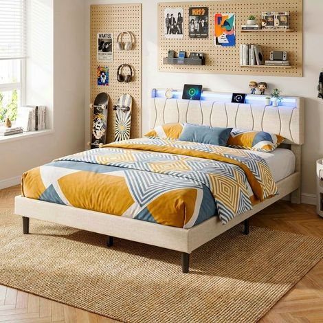 Lit Double 160x200 cm avec Tête de Lit LED RGB et Prises USB Type-C, Cadre de Lit Adulte en Lin et Sommier à Lattes, Design Moderne - Beige (1/5)