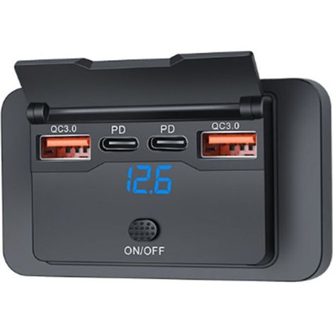 Dual PD + Dual QC3.0 4 12V 108W USB-Ladegerät mit Digitalvoltmeter, Schalter, Steckdose und Paneladapter