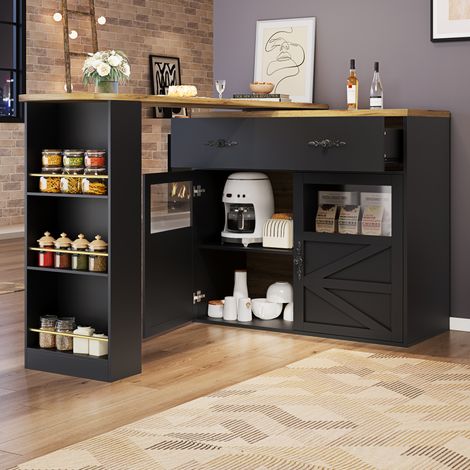 Mesa de bar extensible con almacenaje, 138-204 x 39 x 104 cm, giratoria 360°, MDF negro DESVIAE (1/5)