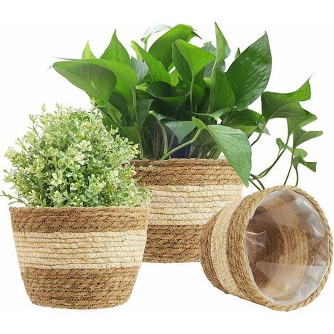 3Pcs Panier De Jardinière en Jonc De Mer, 3 Taille Pot De Plante Tissé Couverture De Pots De Fleurs Panier De Rangement Conteneurs De Plantes pour La Décoration Intérieure (Beige) (1/4)