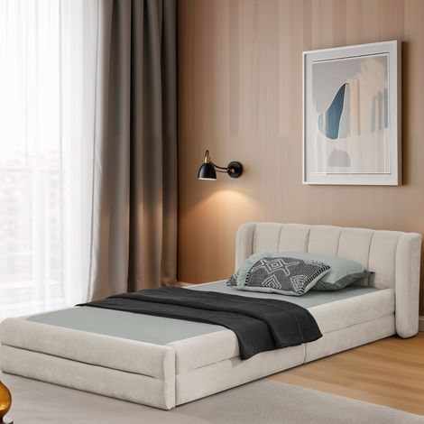 Lit simple rembourré Lit enfant 90x200 cm Lit Junior lit coffre Sommier à lattes Tête de lit Style moderne minimaliste Beige