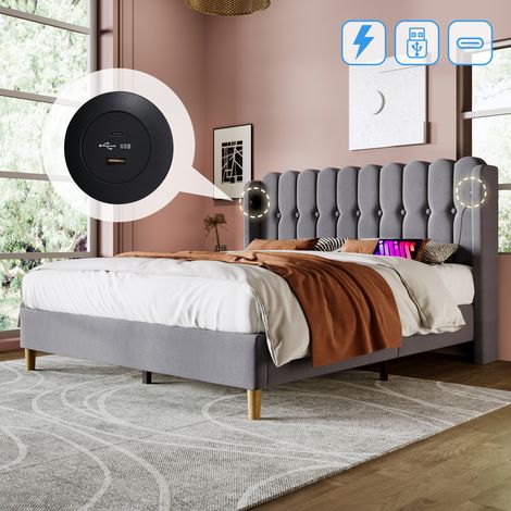 Upholstered Double Bed with USB and Type-C Charging, Bed Frame with Wooden Slatted Frame, Teenager Bed for Bedroom & Guest Room,4ft6 135 x 190 cm Bed Frame, Grey, Linen Material (No Mattress)