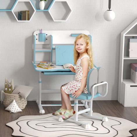 Set Bureau et Chaise pour Enfants Réglables, Bureau École avec Plateau Inclinable, Tiroir, Étagère, Bleu (1/5)
