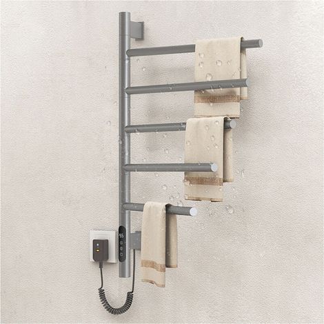 Sèche-Serviettes électrique avec 5 Barres Porte-Serviettes Chauffant Pivotant à 180 °, 80W 42 66cm Mural (45-70℃) Minuterie Écran LED, gris mat (1/5)