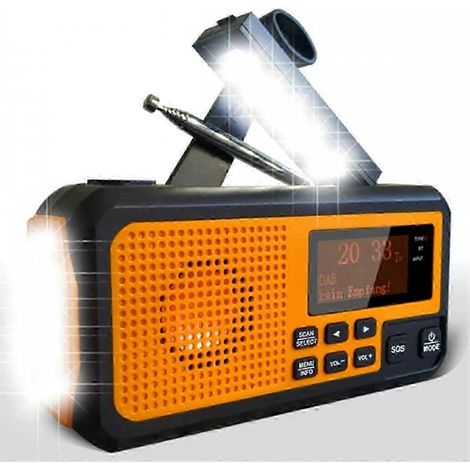 Radio d'urgence DAB Bluetooth avec manivelle, radio FM, batterie 5000 mAh, alimentation solaire et réveil. (1/4)