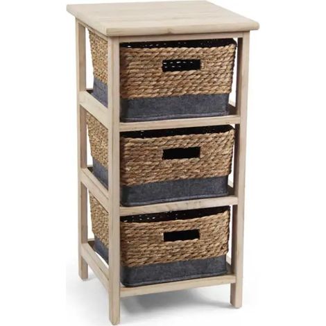 Cajonera de madera natural 33 x 31 x 63 cm con 3 cestos extraíbles
