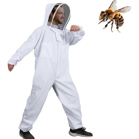 Combinaison d'Apiculture pour Tout le Corps Vêtements à Capuchon avec Voile Manteau de Protection pour Apiculteurs Costume Apicole en Coton avec Chaperon Anti Guêpes Équipement (XXL)