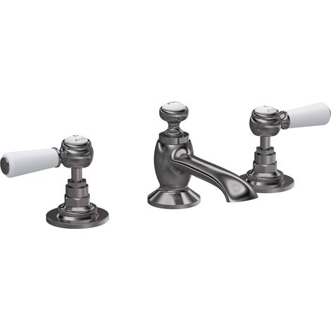 Hudson Reed Topaz 3 Hole Dual Lever Basin Mixer Tap with Pop Up Waste - Brushed Pewter (1/2)