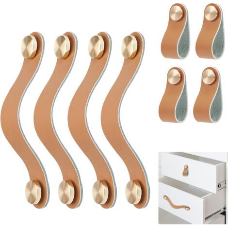 Sollbry Lot de 4 Poignet de Porte Cuisine,Poignée de Placard en Cuir Vintage,Bouton Porte Cuir Boucle en Laiton Avec Vis,Poignées Cuir de Placard,Poignee Cuir pour Armoires, Commode, Cuisine, Salle de