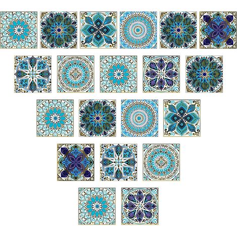 20 Pcs Stickers de Carreaux 15x15cm Autocollant Carreau Ciment Mural Style Marocain Autocollants de Carreaux Adhesifs Étanche Sticker Carrelage pour Cuisine Salle de Bains Table Escalier (Bleu) (1/5)