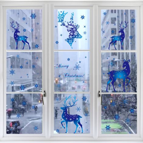 Autocollants de Noël rennes bleus, décorations de fenêtre cerfs sous un ciel étoilé et flocons de neige, autocollants statiques dégradés pour sapin de Noël, décorations de fenêtre fraîches.