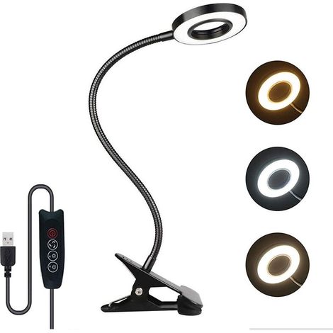 7W Usb Lampe De Bureau à Pince, 3 Couleurs Et 10 Luminosité Réglables, 48 Led 350° Flexible, Lampe Pince Pour Lit, Liseuse Lampe De Lecture Livre, Dimmable Usb Clip Lampe De Chevet Pour Lire (Noir)