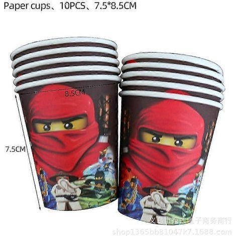 Assiettes en carton Ninjago, gobelets en carton, essuie-tout, boîtes de Rice Krispies, nappe, nappe avec fanions, anniversaire Ninjago