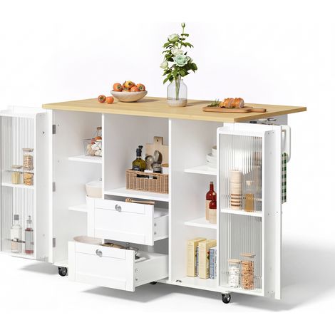 CHICFURN Isola da cucina su ruote 120 x 70 x 92 cm in MDF naturale e bianco, piano ribaltabile (1/5)
