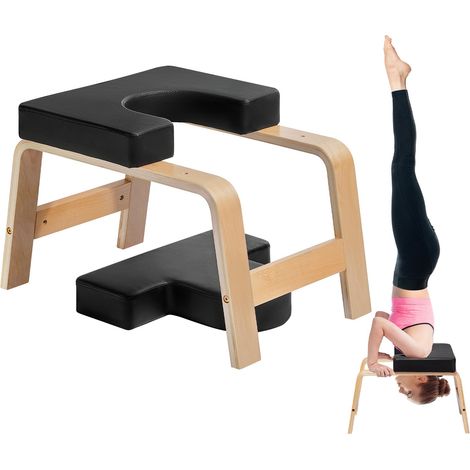 Tabouret d'Inversion de Yoga Charge 136 kg, Chaise de Yoga Cadre en Bois et Coussin en PU, Banc de Yoga pour Faire le Poirier, pour Entraînement de Force et d'Équilibre, Salle de Sport, Noir (1/5)