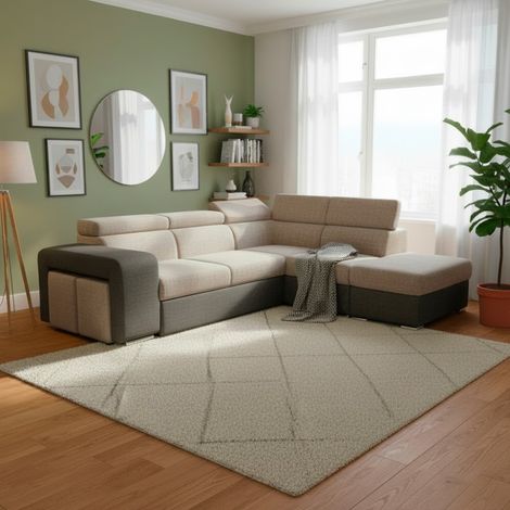 Divano Letto Angolare Sophie con Penisola Destra, 2 Pouf Estraibili e Pouf Contenitore – Tortora e Grigio Scuro (1/5)